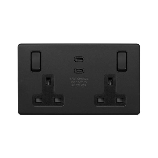 Soho Lighting Matt Black 2 Gang 65W USB C+C Socket (13A Socket + 2 USB C 4.8A Ports)