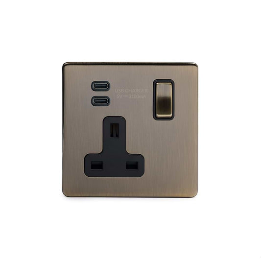 Soho Lighting Antique Brass 1 Gang USB C+C Socket (13A Socket + 2 USB C 3.1A Ports)