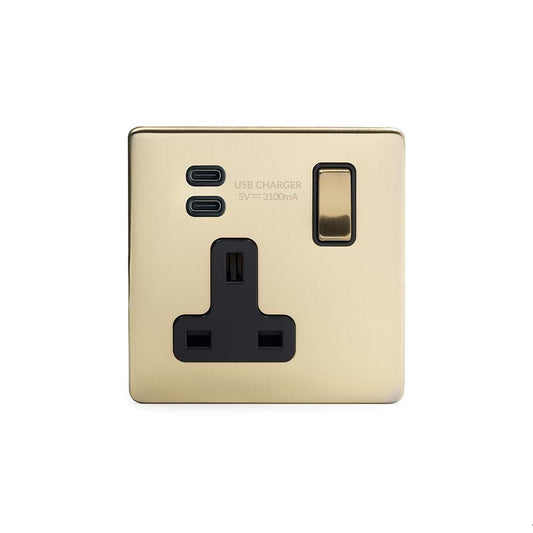 Soho Lighting Brushed Brass 1 Gang USB C+C Socket (13A Socket + 2 USB C 3.1A Ports)