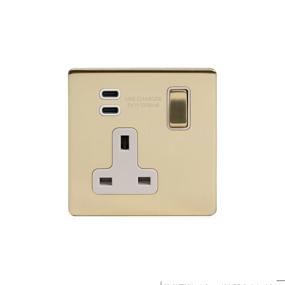 Soho Lighting Brushed Brass 1 Gang USB C+C Socket (13A Socket + 2 USB C 3.1A Ports)