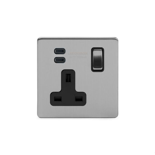 Soho Lighting Brushed Chrome 1 Gang USB C+C Socket (13A Socket + 2 USB C 3.1A Ports)