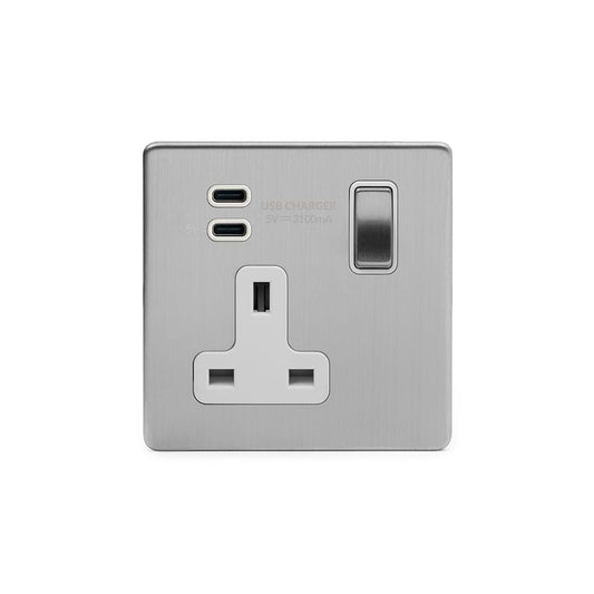 Soho Lighting Brushed Chrome 1 Gang USB C+C Socket (13A Socket + 2 USB C 3.1A Ports)
