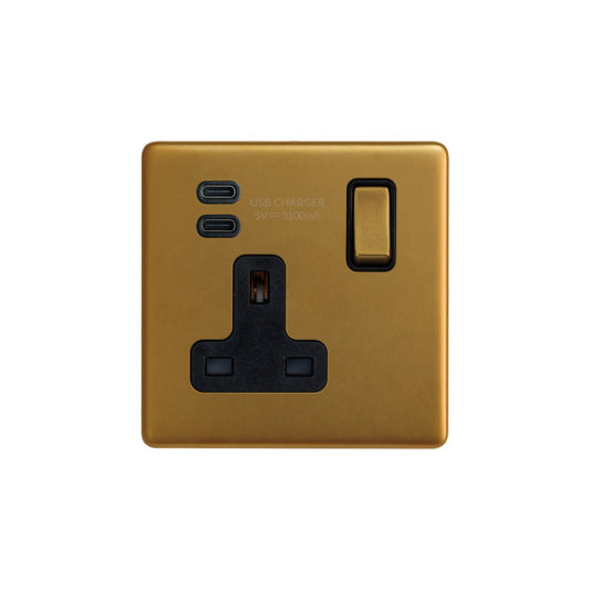 The Sloane Collection Antique Gold 1 Gang USB C+C Socket (13A Socket + 2 USB C 3.1A Ports)