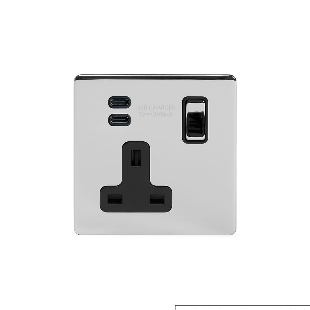 Soho Lighting Polished Chrome 1 Gang USB C+C Socket (13A Socket + 2 USB C 3.1A Ports)