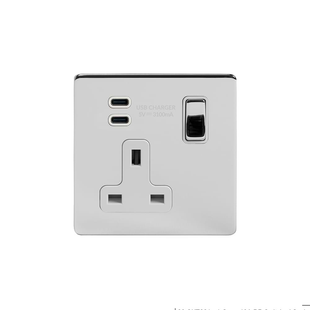 Soho Lighting Polished Chrome 1 Gang USB C+C Socket (13A Socket + 2 USB C 3.1A Ports)