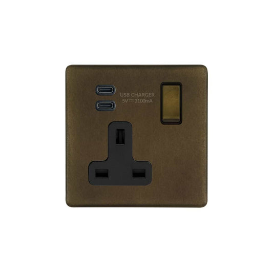 The Westminster Collection Vintage Brass 1 Gang USB C+C Socket (13A Socket + 2 USB C 3.1A Ports)