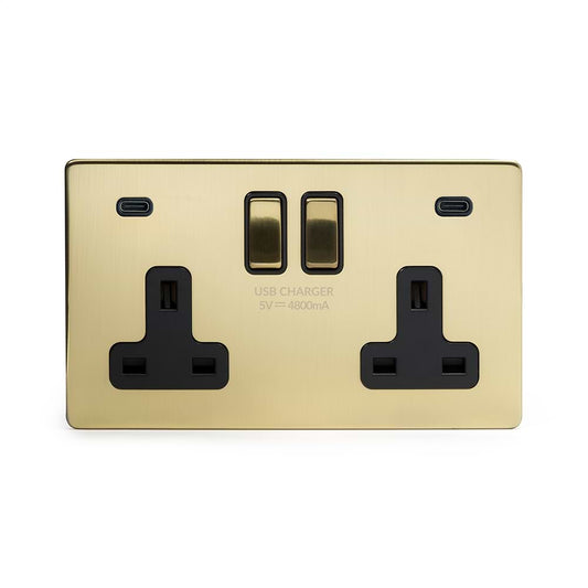 Soho Lighting Brushed Brass 2 Gang USB C+C Socket (13A Socket + 2 USB C 4.8A Ports)
