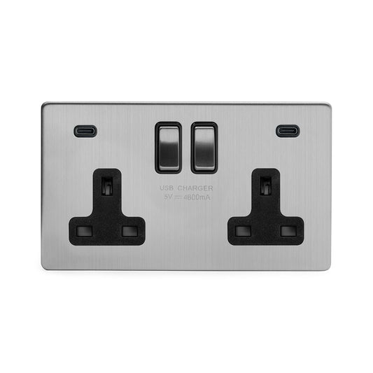 Soho Lighting Brushed Chrome 2 Gang USB C+C Socket (13A Socket + 2 USB C 4.8A Ports)