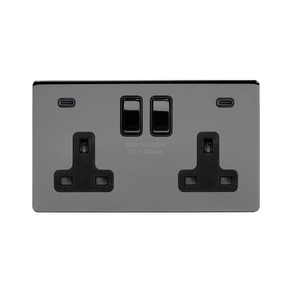 Soho Lighting Black Nickel 2 Gang USB C+C Socket (13A Socket + 2 USB C 4.8A Ports)