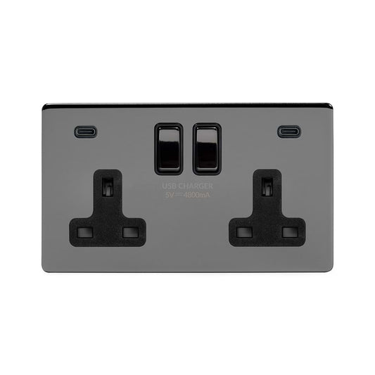 Soho Lighting Black Nickel 2 Gang USB C+C Socket (13A Socket + 2 USB C 4.8A Ports)