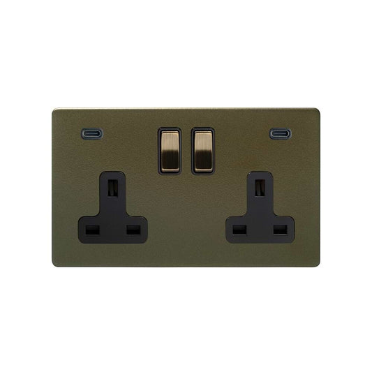 Soho Lighting Bronze 2 Gang USB C+C Socket (13A Socket + 2 USB C 4.8A Ports)  - Black Insert