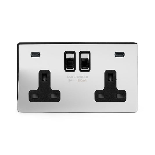 Soho Lighting Polished Chrome 2 Gang USB C+C Socket (13A Socket + 2 USB C 4.8A Ports)