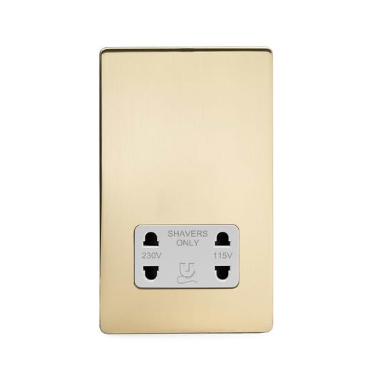 The Savoy Collection Brushed Brass Shaver Socket 230/115V Plate Wht Ins Screwless