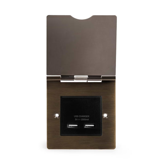 The Charterhouse Collection USB Charger Floor Socket 1 Gang Blk Ins Antique Brass