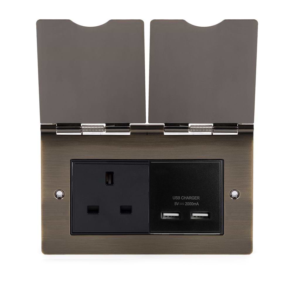 The Charterhouse Collection Screwless Double Floor Outlet 13A Socket & USB Charger Antique Brass