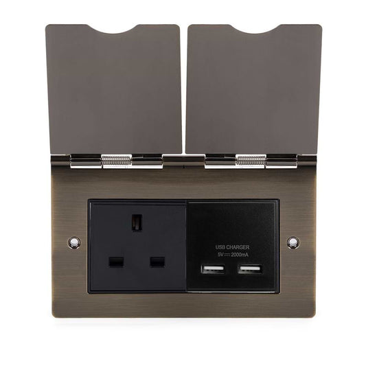 The Charterhouse Collection Screwless Double Floor Outlet 13A Socket & USB Charger Antique Brass