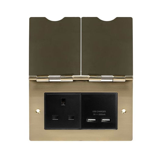 The Savoy Collection Brushed Brass Screwless Double Floor Outlet 13A Socket & USB Charger - Blk Ins