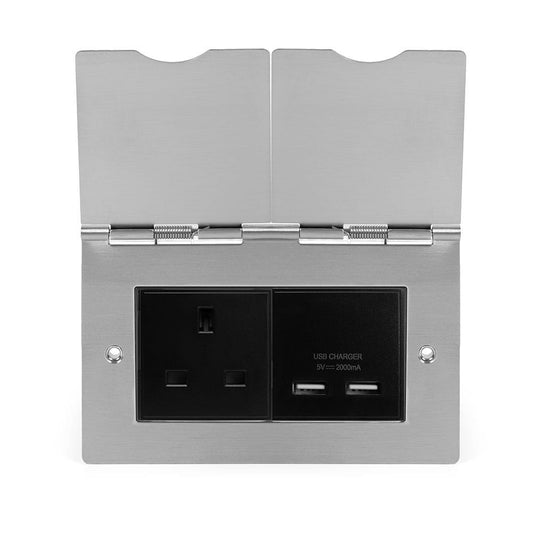 The Lombard Collection Brushed Chrome Screwless Double Floor Outlet 13A Socket & USB Charger - Blk Ins
