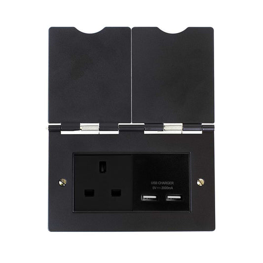 The Camden Collection Matt Black Screwless Double Floor Outlet 13A Socket & USB Charger