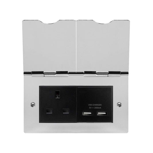 The Finsbury Collection Polished Chrome Screwless Double Floor Outlet 13A Socket & USB Charger - Blk Ins