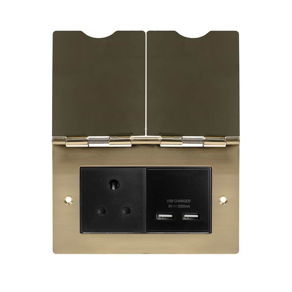 The Savoy Collection Brushed Brass Screwless Double Floor Outlet 5Amp Socket & USB Charger - Blk Ins