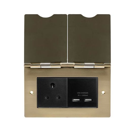 The Savoy Collection Brushed Brass Screwless Double Floor Outlet 5Amp Socket & USB Charger - Blk Ins