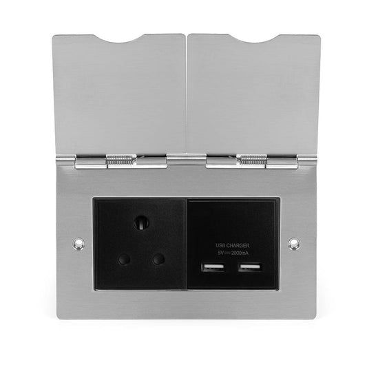 The Lombard Collection Brushed Chrome Screwless Double Floor Outlet 5Amp Socket & USB Charger - Blk Ins