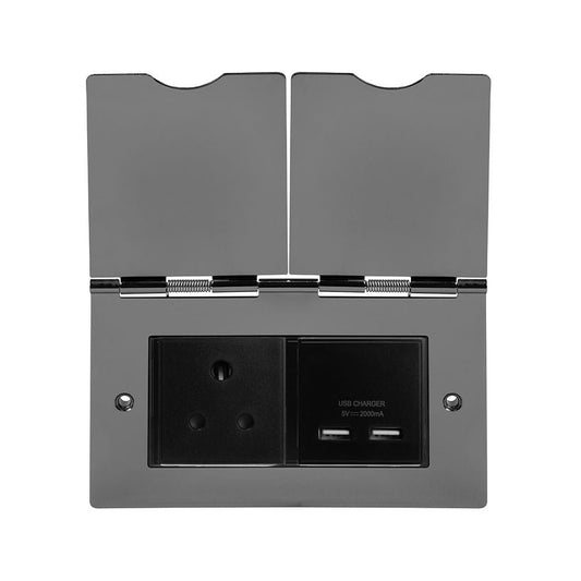 The Connaught Collection Black Nickel Screwless Double Floor Outlet 5Amp Socket & USB Charger