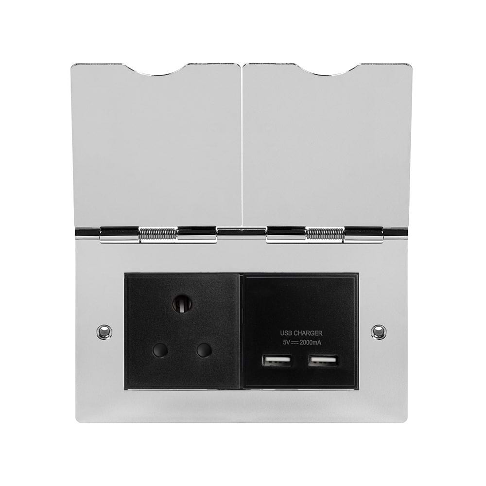 The Finsbury Collection Polished Chrome Screwless Double Floor Outlet 5Amp Socket & USB Charger - Blk Ins