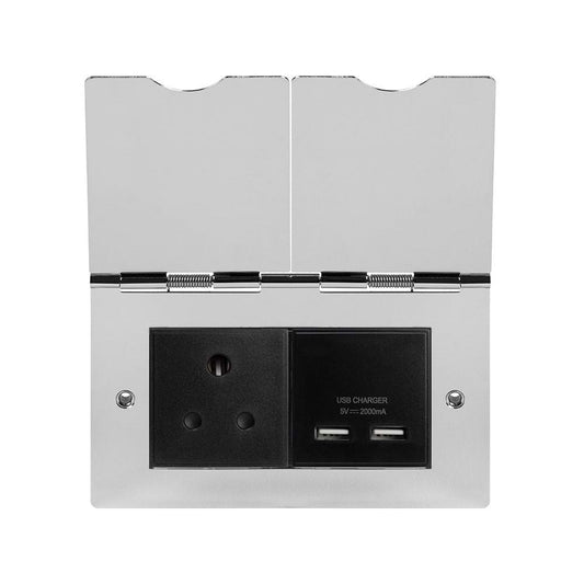The Finsbury Collection Polished Chrome Screwless Double Floor Outlet 5Amp Socket & USB Charger - Blk Ins