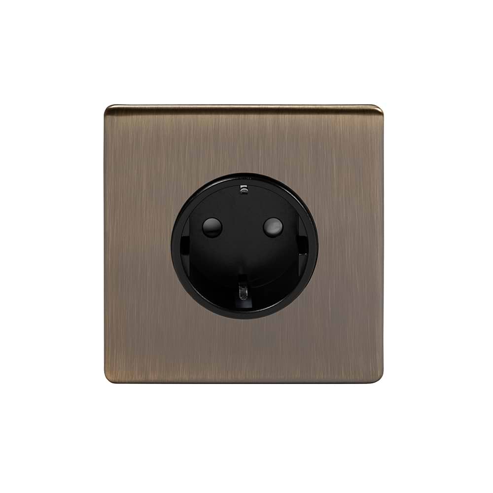 The Charterhouse Collection 16A 1 Gang Euro Schuko Socket Blk Ins Screwless Antique Brass
