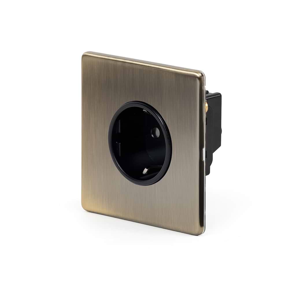 The Charterhouse Collection 16A 1 Gang Euro Schuko Socket Blk Ins Screwless Antique Brass