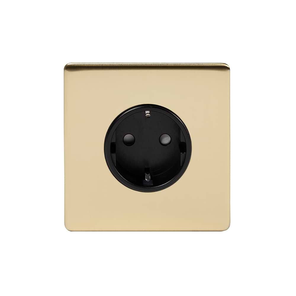 The Savoy Collection Brushed Brass 16A 1 Gang Euro Schuko Socket Blk Ins Screwless