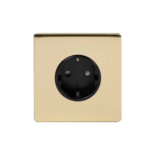 The Savoy Collection Brushed Brass 16A 1 Gang Euro Schuko Socket Blk Ins Screwless