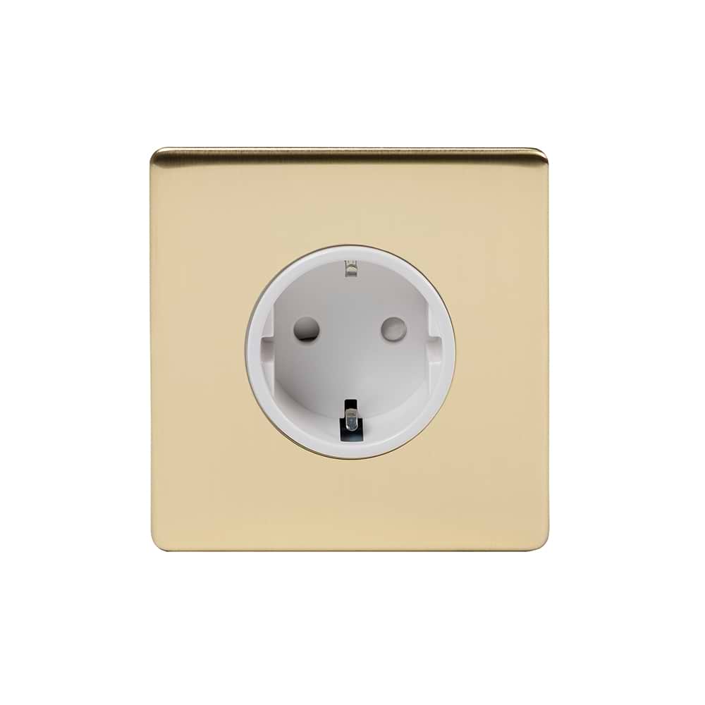 The Savoy Collection Brushed Brass 16A 1 Gang Euro Schuko Socket Wht Ins Screwless