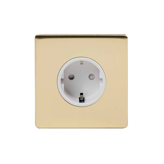 The Savoy Collection Brushed Brass 16A 1 Gang Euro Schuko Socket Wht Ins Screwless
