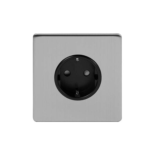 The Lombard Collection Brushed Chrome 16A 1 Gang Euro Schuko Socket Blk Ins Screwless