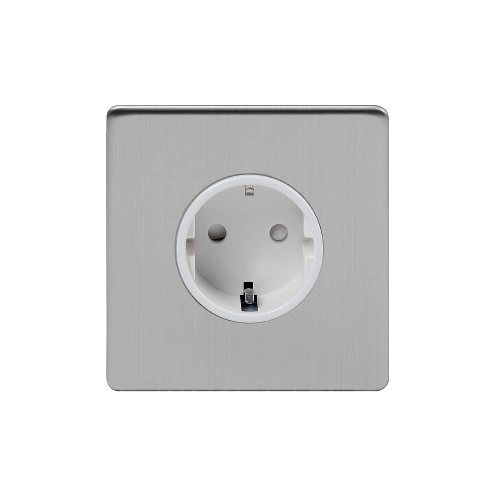 The Lombard Collection Brushed Chrome 16A 1 Gang Euro Schuko Socket Wht Ins Screwless