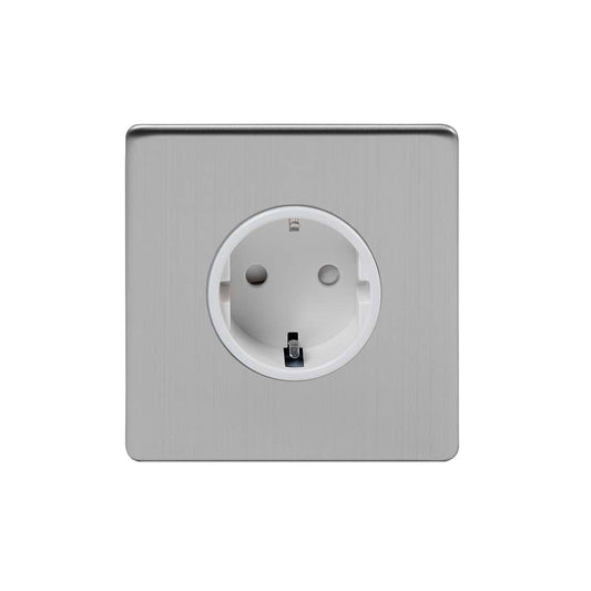 The Lombard Collection Brushed Chrome 16A 1 Gang Euro Schuko Socket Wht Ins Screwless