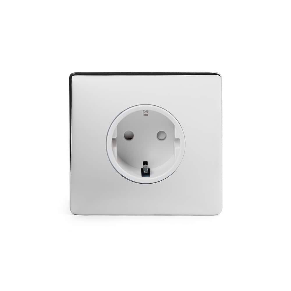 The Finsbury Collection Polished Chrome 16A 1 Gang Euro Schuko Socket Wht Ins Screwless