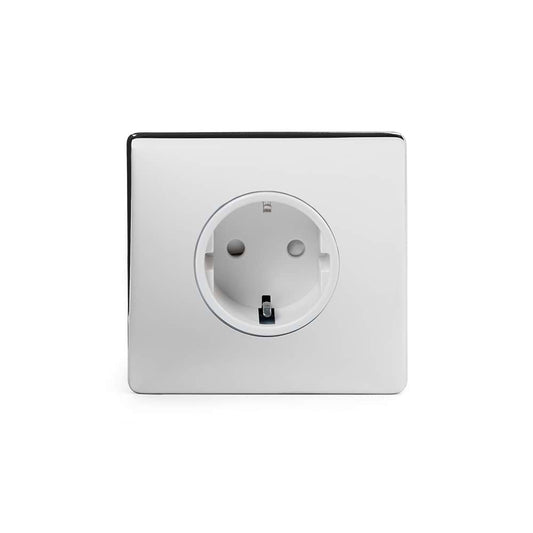 The Finsbury Collection Polished Chrome 16A 1 Gang Euro Schuko Socket Wht Ins Screwless