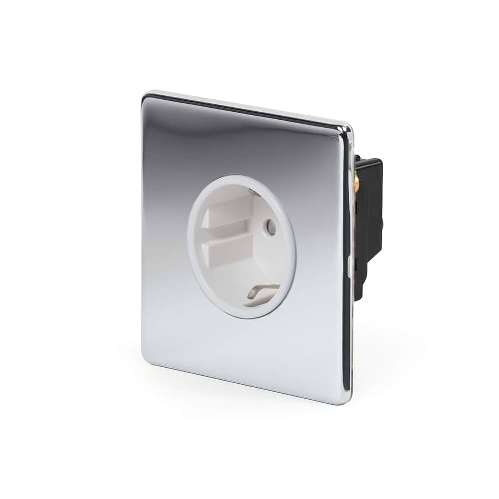 The Finsbury Collection Polished Chrome 16A 1 Gang Euro Schuko Socket Wht Ins Screwless