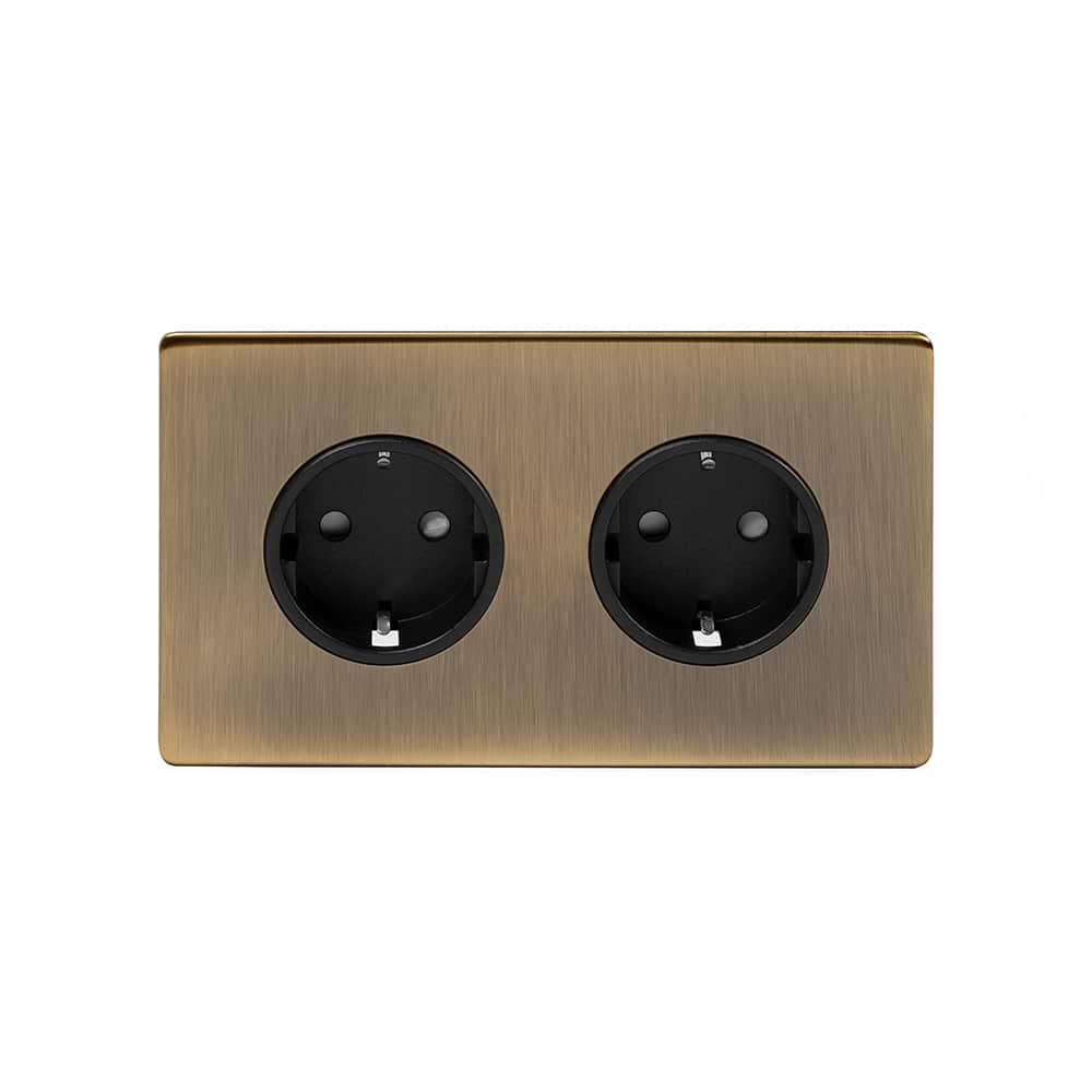 The Charterhouse Collection 16A 2 Gang Euro Schuko Socket Blk Ins Screwless Antique Brass