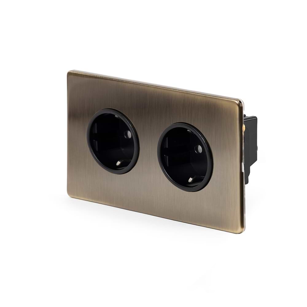 The Charterhouse Collection 16A 2 Gang Euro Schuko Socket Blk Ins Screwless Antique Brass