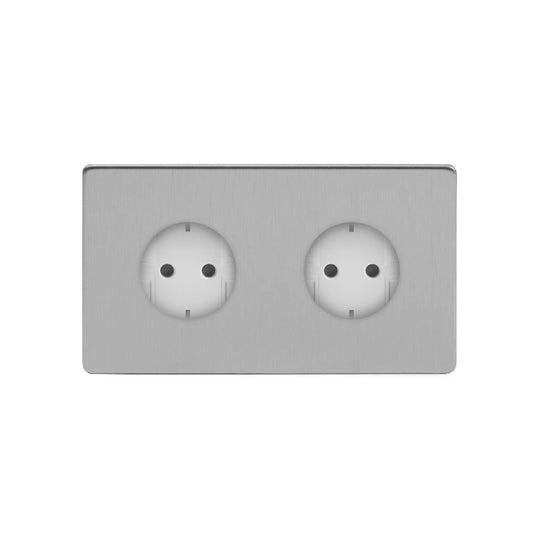 The Lombard Collection Brushed Chrome 16A 2 Gang Euro Schuko Socket Wht Ins Screwless