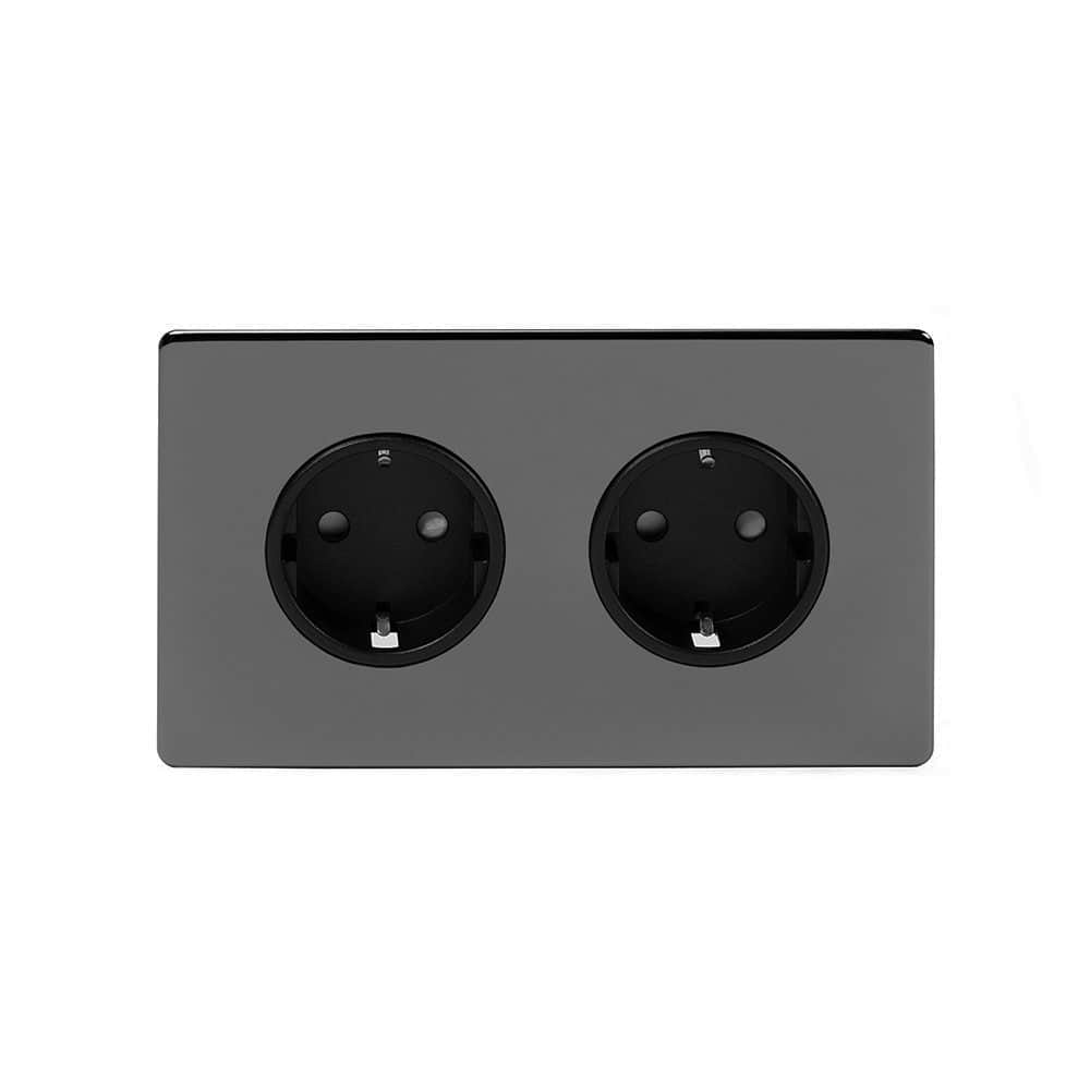 The Connaught Collection Black Nickel 16A 2 Gang Euro Schuko Socket Blk Ins Screwless