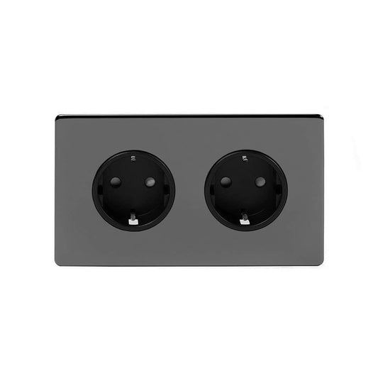 The Connaught Collection Black Nickel 16A 2 Gang Euro Schuko Socket Blk Ins Screwless