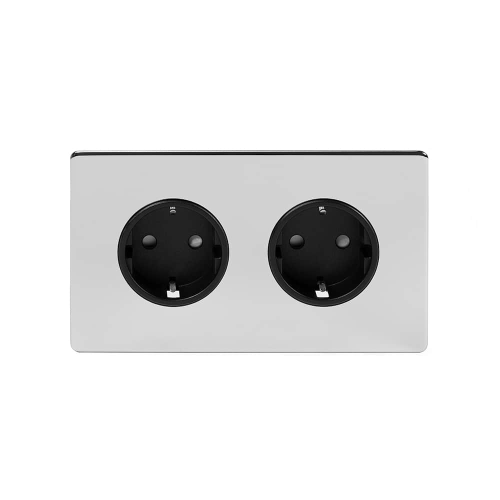 The Finsbury Collection Polished Chrome 16A 2 Gang Euro Schuko Socket Blk Ins Screwless