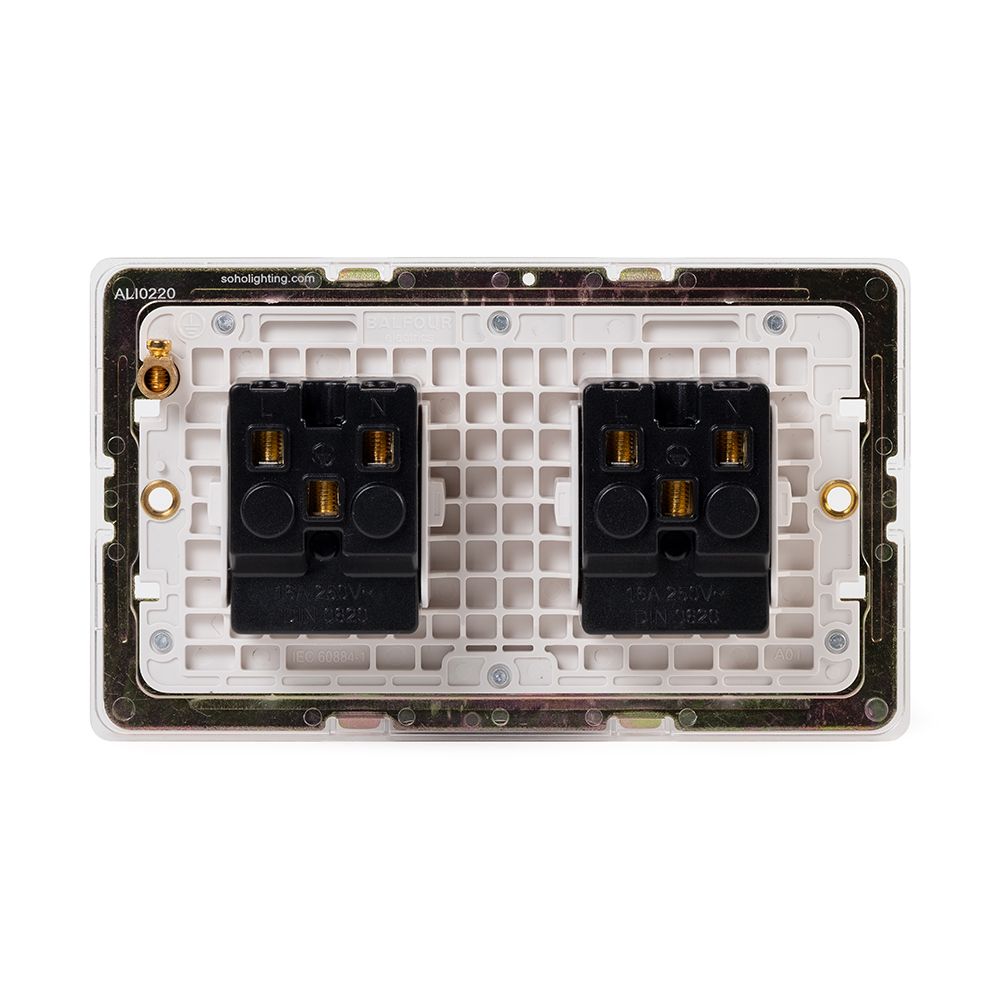 The Savoy Collection Brushed Brass 16A 2 Gang Euro Schuko Socket Wht Ins Screwless