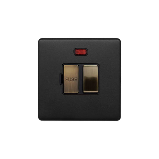 Soho Lighting Matt Black and Antique Brass 13A Double Pole Switched Fused Connection Unit (FCU) With Neon